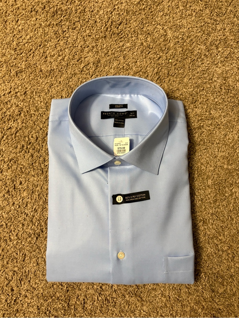 Pronto Uomo Men’s Light Blue Dress Shirt – Classic Fit – Size 18½ 34/35 – NEW